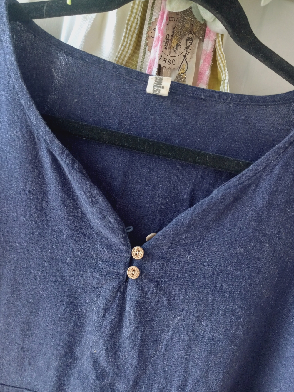 Navy Linen Sweet Button-Front DRESS